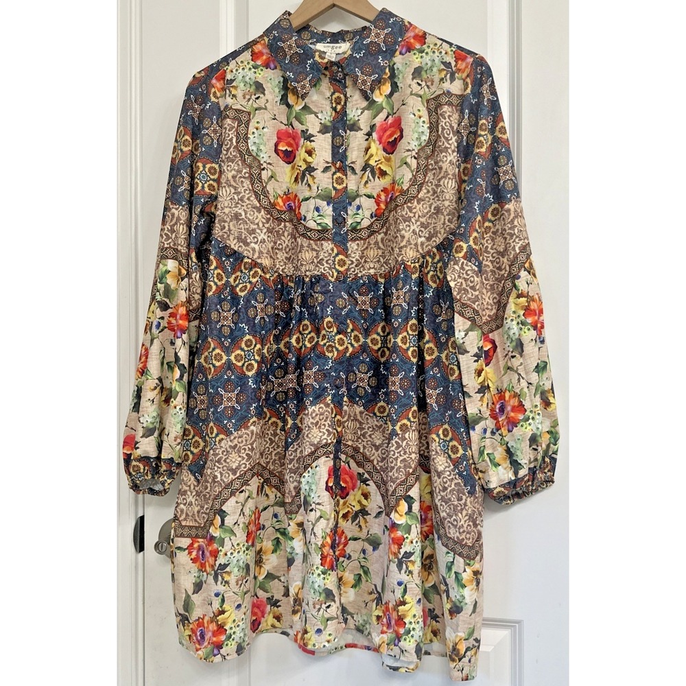 Umgee Size Small Floral Peasant Patchwork Balloon Shirt Dress Swing Boho Hippie